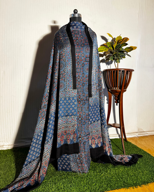 Blue & Black Ajrakh Unstitched Gajji Silk Dress Material Set
