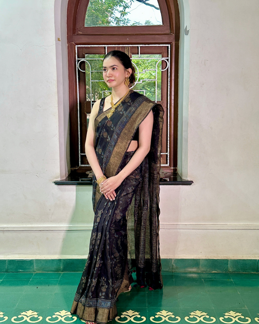 Black Ajrakh Gajji Silk Saree with Antique Gold Border