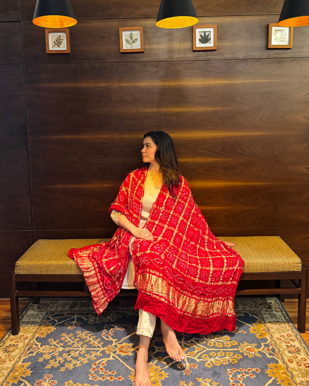 Red Bandhani Gajji Silk Gharchola Dupatta with Lagdi Patta