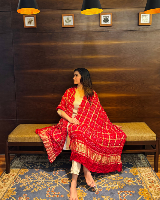 Red Bandhani Gajji Silk Gharchola Dupatta with Lagdi Patta